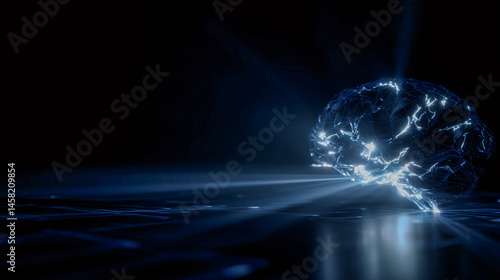 An agentic ai construct with a human brain glowing with electric energy in a futurist style.