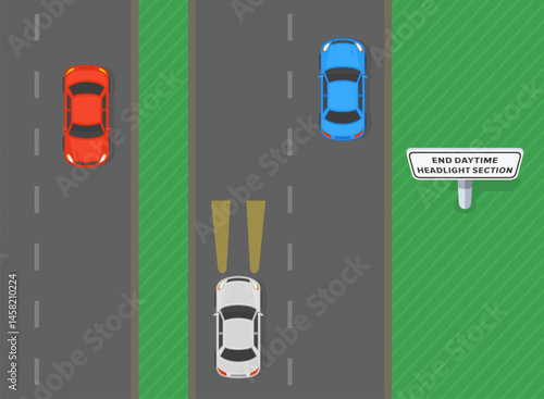 Traffic regulation rules and tips. "End daytime headlight section" sign area. Cars with turned on and turned off headlights on road. Top view. Flat vector illustration template.