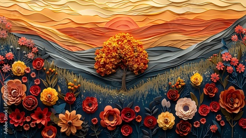 Vibrant autumn paper art scene with flowers and rolling hills, perfect for fall decor high resolution picture