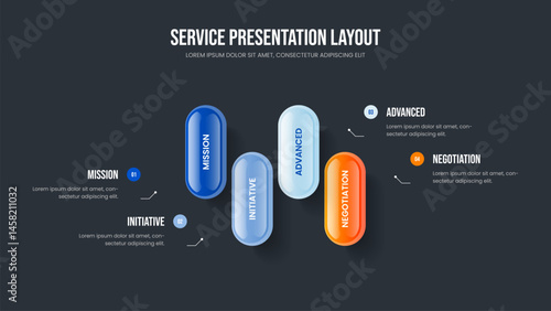 Market Introduction Four Element Diagram Presentation Design. Marketing Proposal 4 Step Infographic Frame Template. Enterprise Strategy Slideshow Layout Vector Illustration.