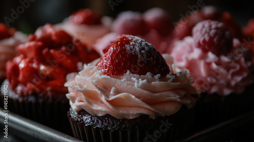An assortment of scrumptious cupcakes topped with strawberry hoot and pink frosting.
