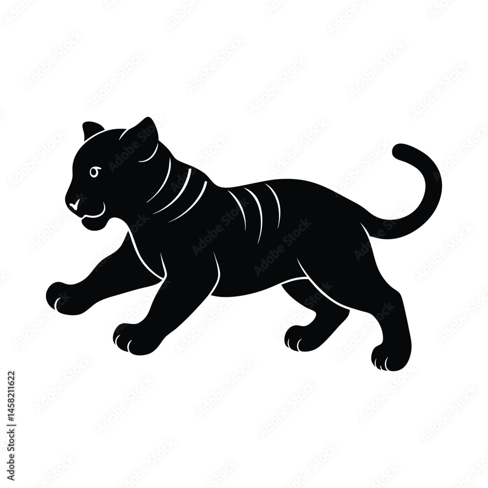 Tiger Cub Pouncing Playful Leap Vector Silhouette