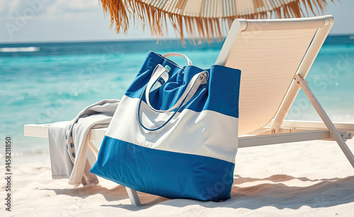 On a white lounger a blue and white large bag with a bottle of water,beach rubber shoes,vacation by the ocean on a private clean beach with turquoise water,hot sunny day,texture of fine white sand