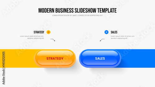Advertising Launch Frame Template Vector Illustration. Company Campaign Two Option Diagram Presentation Design. Service Profile 2 Step Infographic Slide Layout.