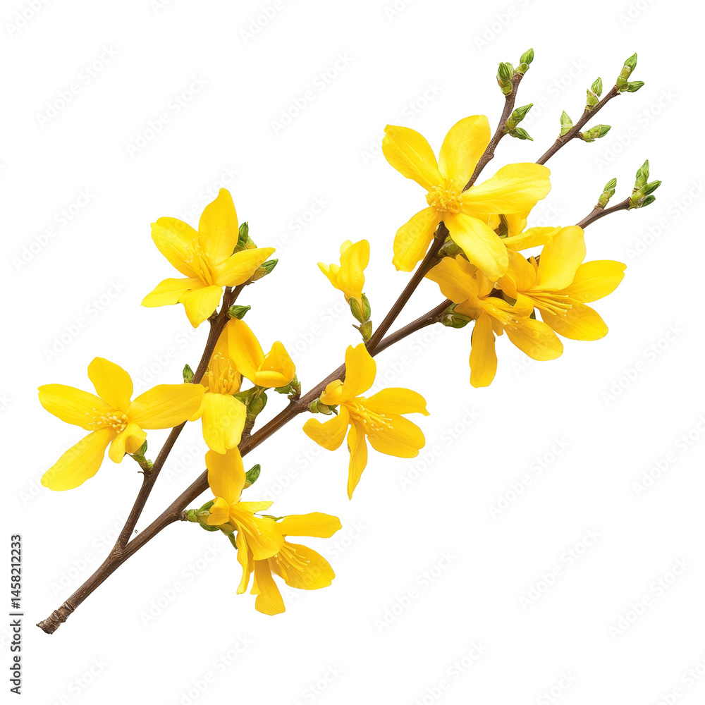 Obraz premium Delicate forsythia flowers in vibrant yellow showcasing springs beauty against a clean transparent background, forsythia flowers isolated on transparent background