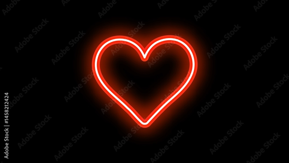 A glowing red heart outline against a black background creating a neon sign effect in the center A glowing red heart outline against a black background creating a neon sign effect in the center