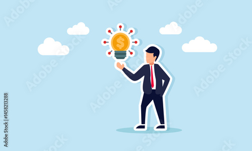 Businessman presenting light from dollar coin with robot-like indicator ornament illustrating digital finance innovation