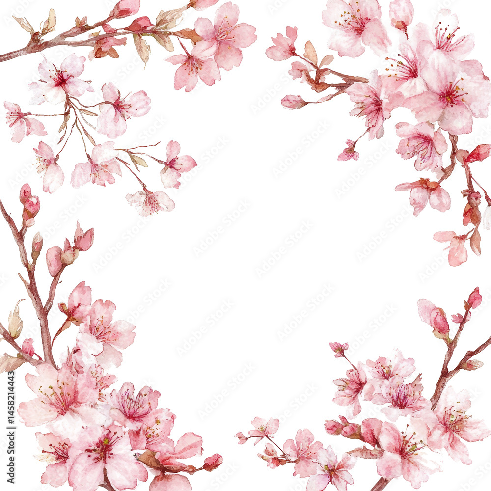 Delicate cherry blossom branches in elegant watercolor design for springtime decor and invitations, Elegant Sakura Branches Delicate Cherry Blossoms Frame Softly Textured Borders. Delicate cherry blossom branches in elegant watercolor design for springtime decor and invitations, Elegant Sakura Branches Delicate Cherry Blossoms Frame Softly Textured Borders.