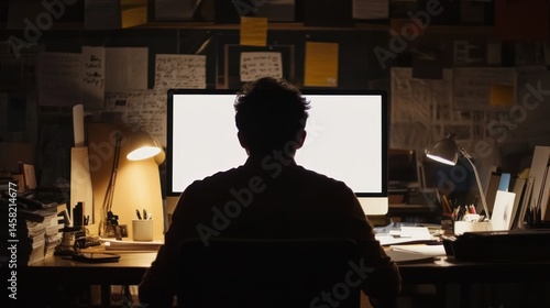 Wallpaper Mural Man working late night in home office silhouette Torontodigital.ca