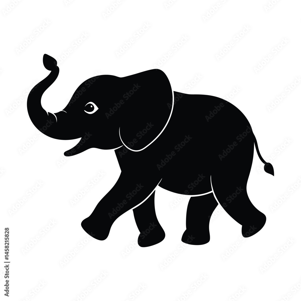 Fototapeta premium Young Elephant Running Trunk Swinging Vector Silhouette