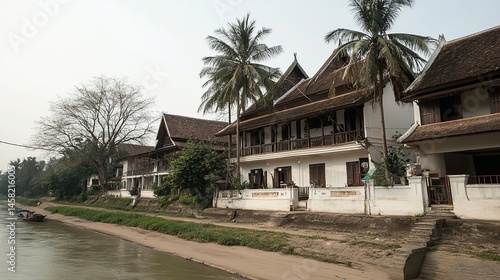 Wallpaper Mural Laos riverside houses, boat, palm trees, tranquil scene, tourism Torontodigital.ca