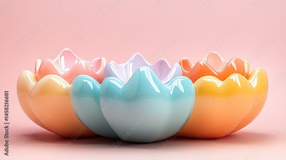 Pastel Flower Bowls on Pink Background Pastel Flower Bowls on Pink Background