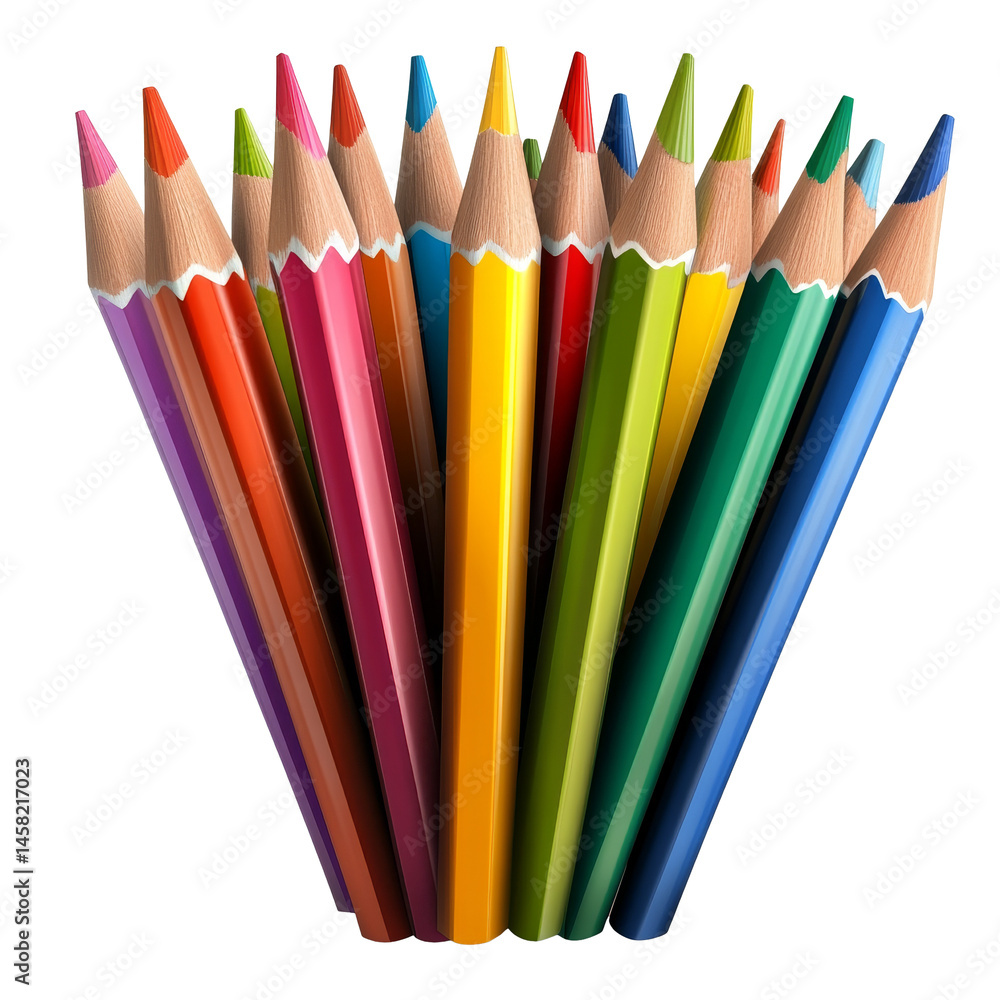 Fototapeta premium A vibrant collection of colored pencils arranged in a fan shape on a transparent background showcasing various colors, of colored pencils, file of isolated object with shadow on transparent background