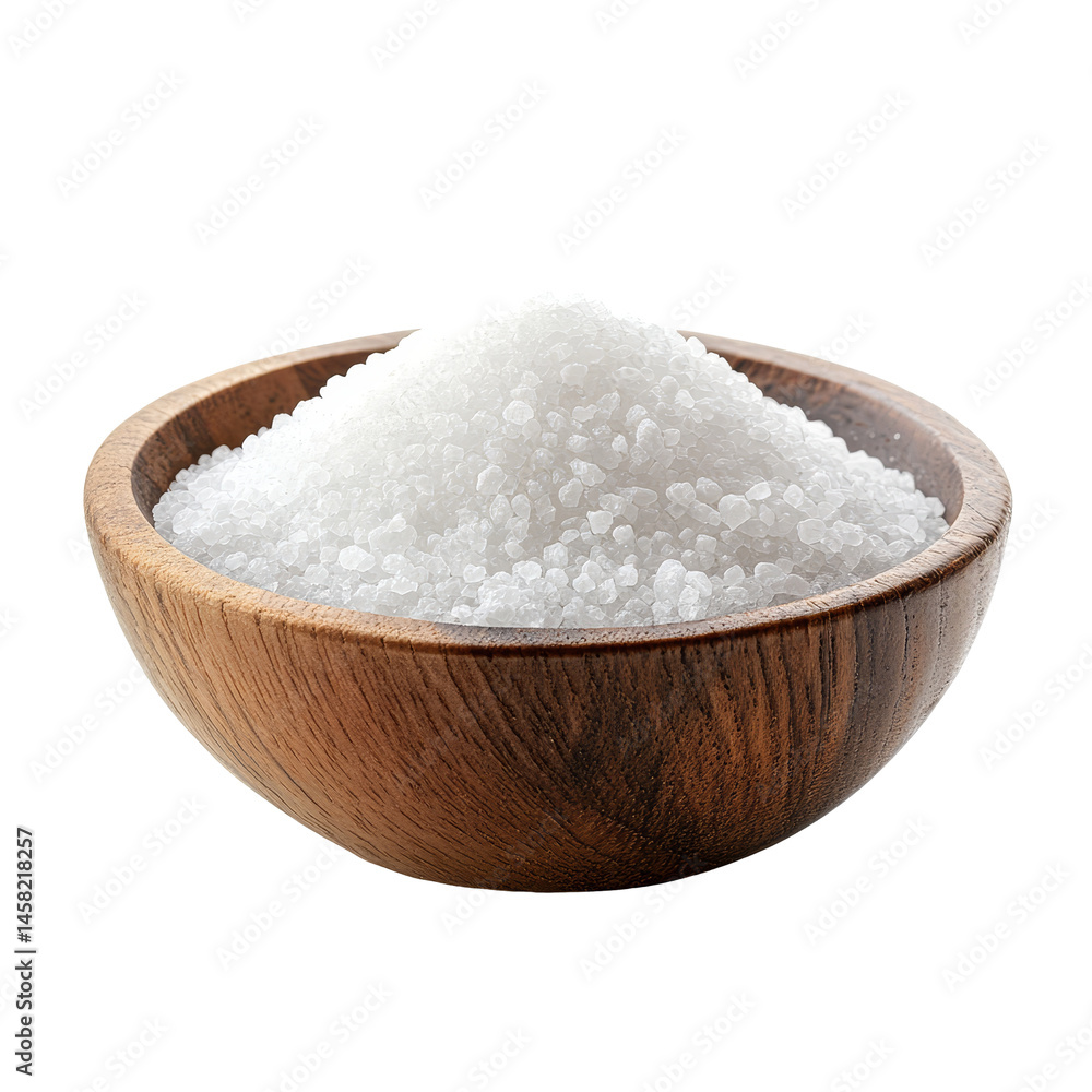 Salt displayed in a wooden bowl on a clean transparent background for culinary and decorative purposes, salt in wood bowl on transparent background Salt displayed in a wooden bowl on a clean transparent background for culinary and decorative purposes, salt in wood bowl on transparent background