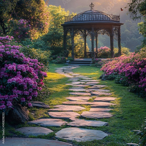 Serene garden path with azaleas to gazebo in golden light. Perfect for spring designs, peaceful landscapes, garden tours, and nature-themed projects. Invite tranquility!