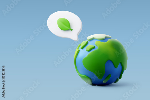 3D Earth with Leaf Chat Bubble on Blue Background