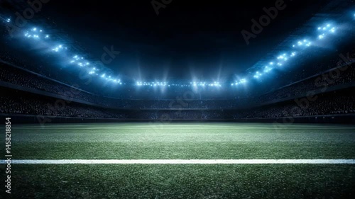 A dramatic view of a well-lit football stadium at night, showcasing the empty field and vibrant lights