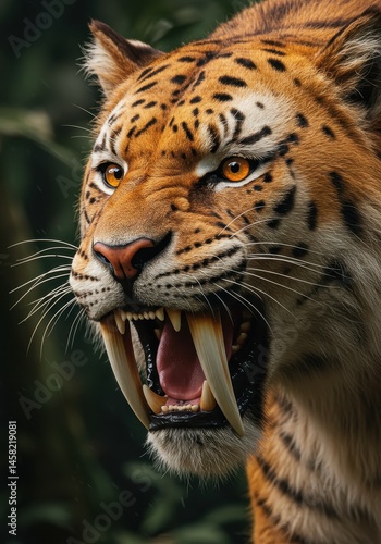 Detailed portrait of a saber toothed tiger displaying large canines and intense expression