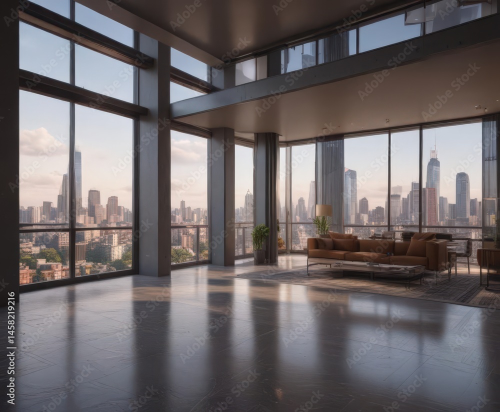Fototapeta premium Luxury high-rise apartment, panoramic city vista, apartment, building