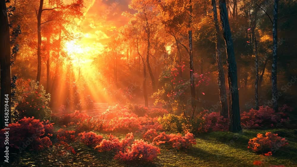 Sunlit path through autumnal forest, vibrant foliage, magical ambiance Sunlit path through autumnal forest, vibrant foliage, magical ambiance
