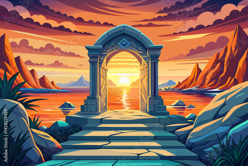 sunrise view through a charming doorway opening to a pristine white sandy beach and calm ocean waves. Perfect for travel inspiration, coastal retreats, tropical destinations, and morning tranquility 