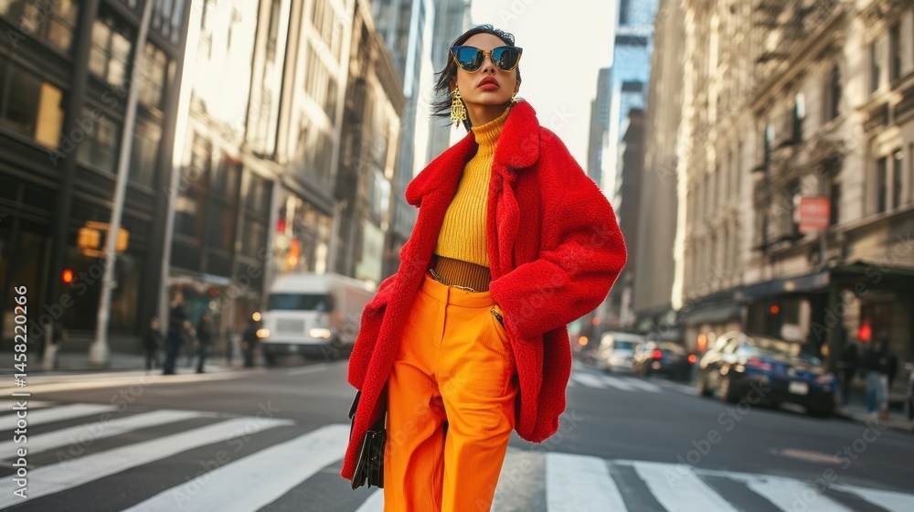 Fototapeta premium Fashionable woman in vibrant outfit walking confidently on city street, showcasing contemporary urban style and individuality.