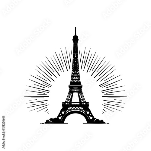 Eiffel Tower silhouette with radiant beams illustrating iconic Parisian architecture at dawn