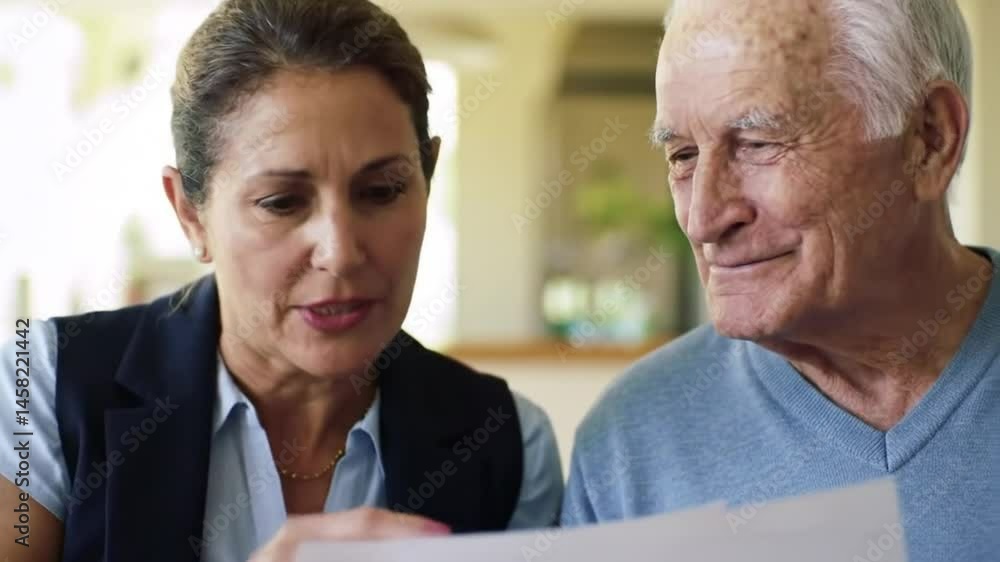 insurance agent or bank employee is explaining savings or investment information to an elderly couple insurance agent or bank employee is explaining savings or investment information to an elderly couple