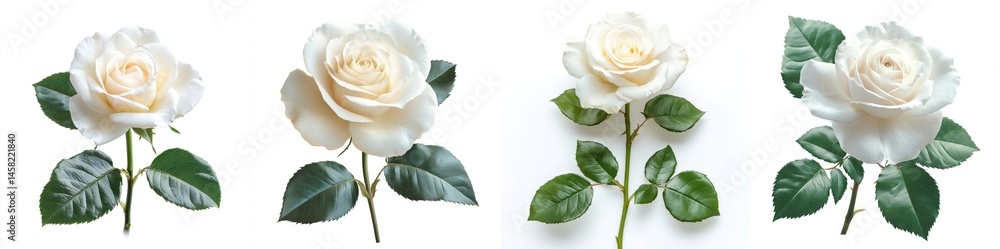 White rose with leaves, isolate on white background. Set Collection.