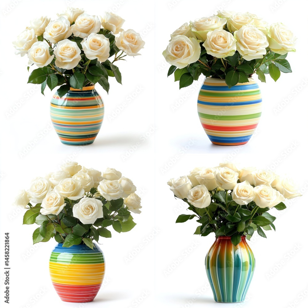 A bunch of white roses in a colorful vase, isolate on white background. Set Collection.