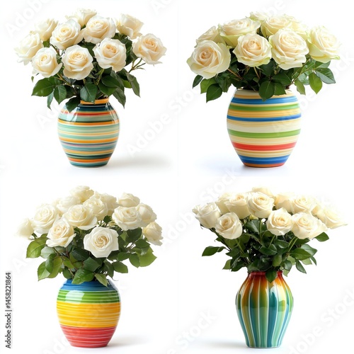 Obraz na płótnie A bunch of white roses in a colorful vase, isolate on white background. Set Collection. w salonie