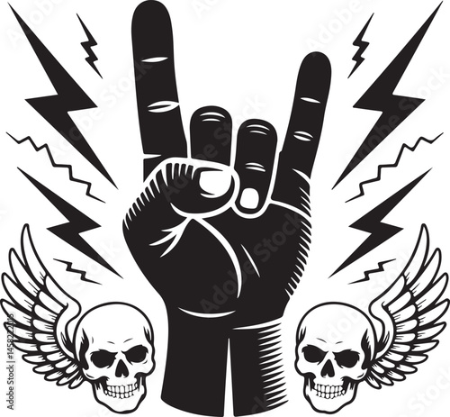 Rock on hand gesture with wings and skulls illustration, metal rock sign with skull, electric power rock symbol, rocker hand vector, heavy metal wings and skull, tattoo style design
