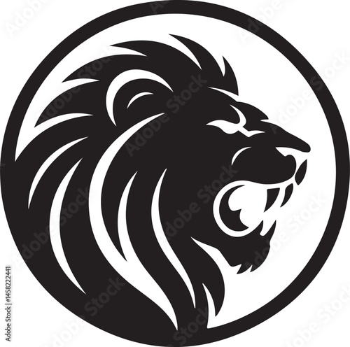 Lion head in circle, roaring lion symbol, wild lion head illustration, circle lion vector design, king of jungle graphic, powerful lion face silhouette, animal logo icon