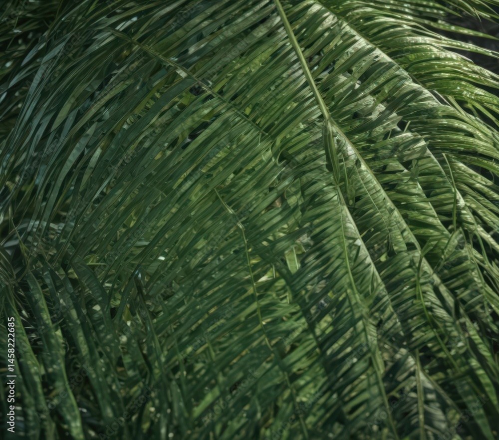 Fototapeta premium Deep emerald palm leaf, intricate venation, sunlight dappled , tropical, organic, pattern