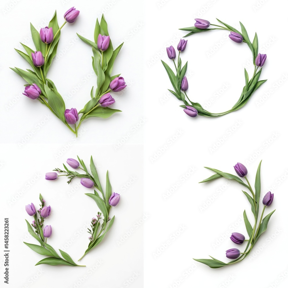 Purple tulips forming a decorative frame, isolate on white background. Collection.