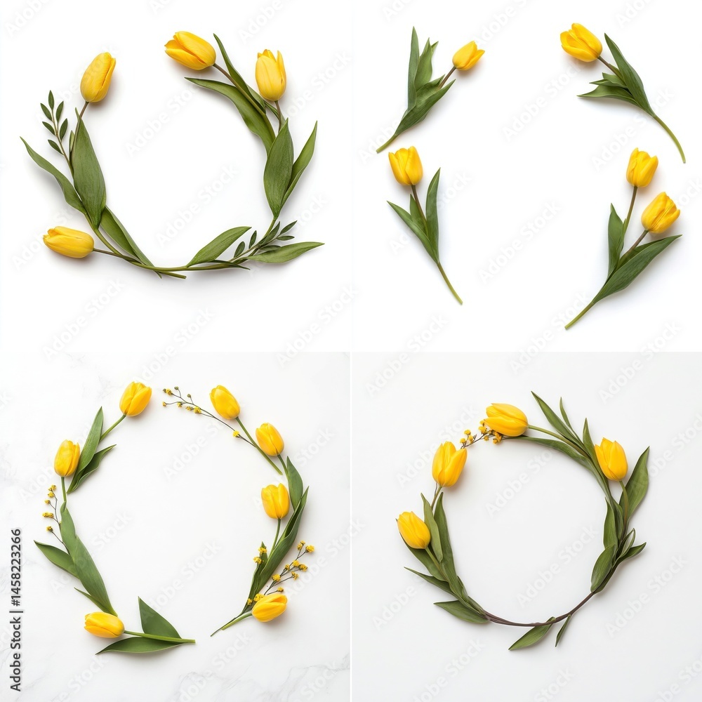 Yellow tulips forming a decorative frame, isolate on white background. Collection.