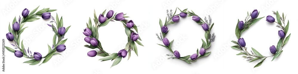Purple tulips arranged in a wreath frame, isolate on white background. Collection.