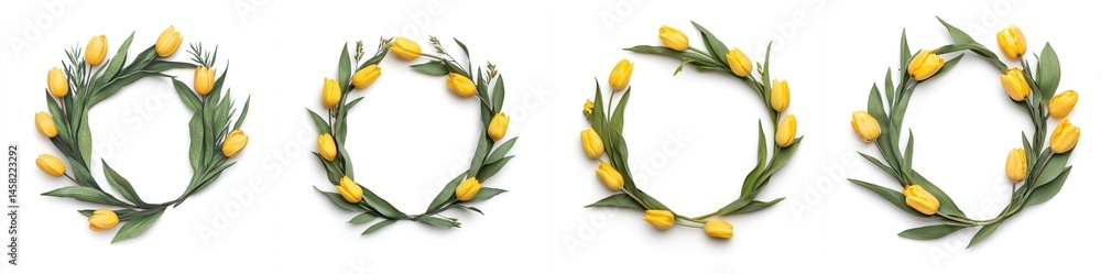 Yellow tulips arranged in a wreath frame, isolate on white background. Collection.