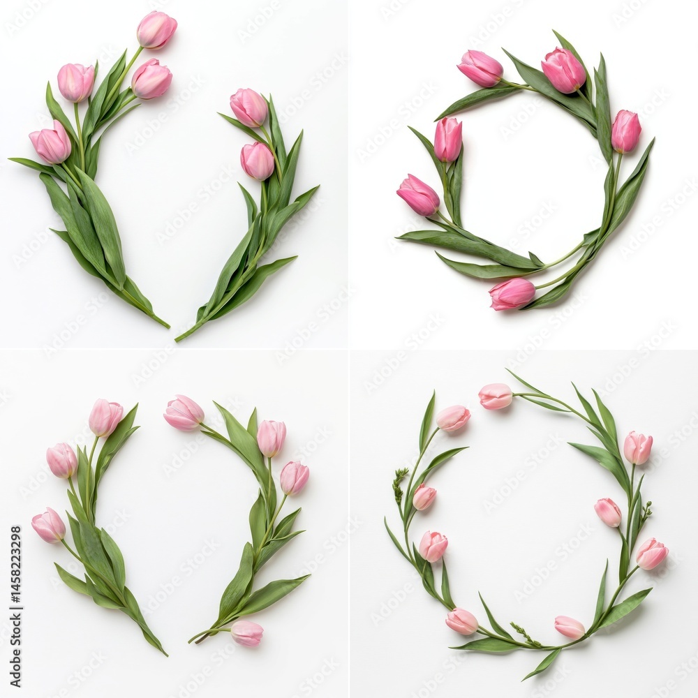 Pink tulips forming a decorative frame, isolate on white background. Collection.