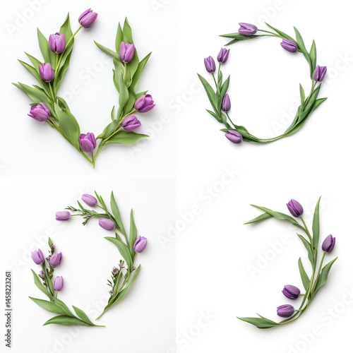 Purple tulips forming a decorative frame, isolate on white background. Collection.