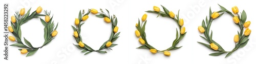 Obraz na płótnie Yellow tulips arranged in a wreath frame, isolate on white background. Collection. w salonie