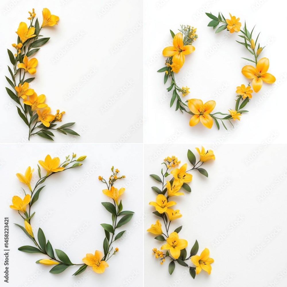 Yellow lilies forming a decorative frame, isolate on white background. Collection.