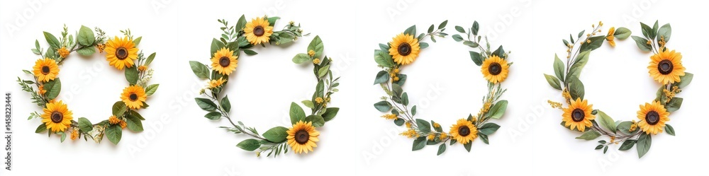 Sunflowers arranged in a wreath frame, isolate on white background. Collection.