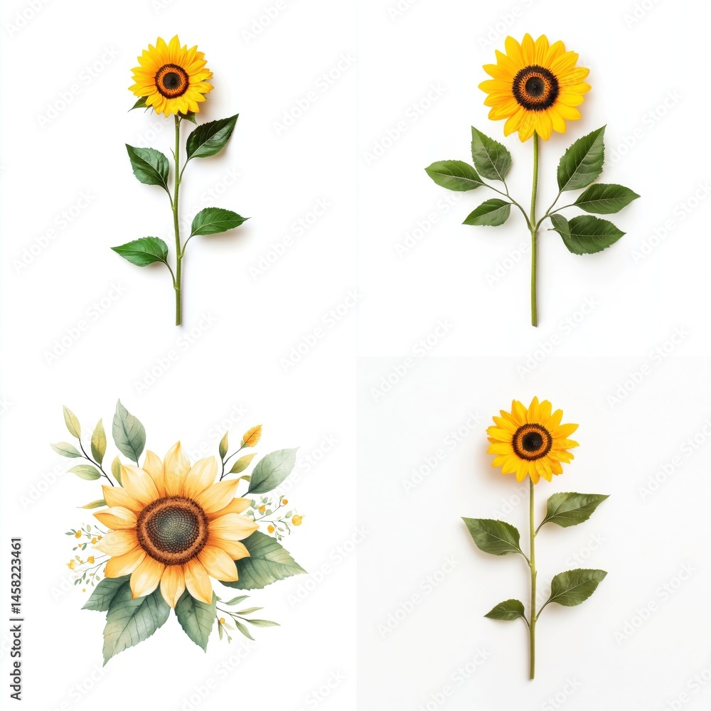 Sunflower in a decorative frame, isolate on white background. Collection.