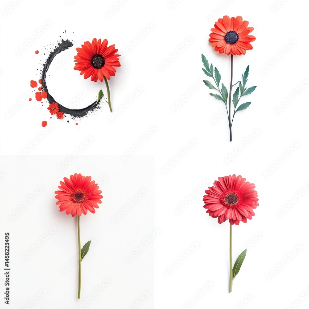 Red daisy in a decorative frame, isolate on white background. Collection.