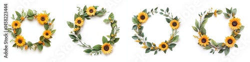 Obraz na płótnie Sunflowers arranged in a wreath frame, isolate on white background. Collection. w salonie