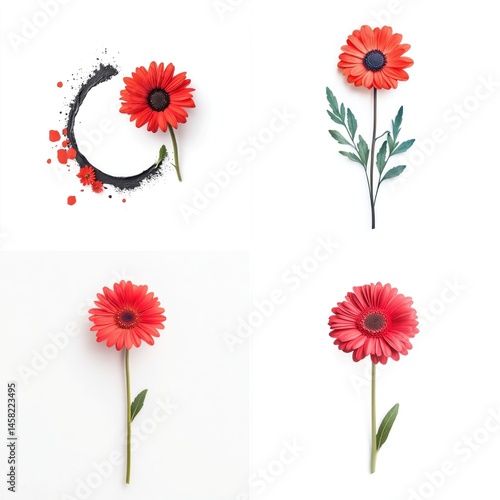 Obraz na płótnie Red daisy in a decorative frame, isolate on white background. Collection. w salonie