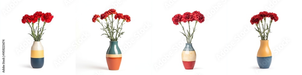 A bunch of red carnations in a colorful vase, isolate on white background. Collection.