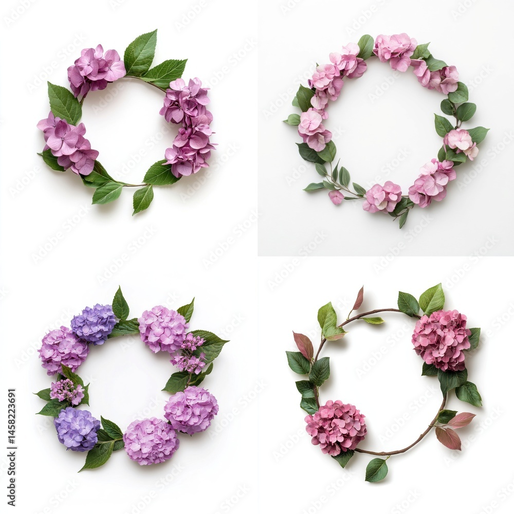 Pink hydrangeas arranged in a wreath frame, isolate on white background. Collection.