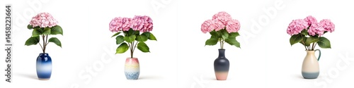 A bunch of pink hydrangeas in a colorful vase, isolate on white background. Collection.